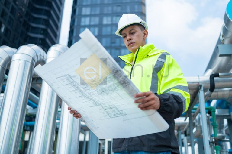 Инженер проверяет проект на крыше здания